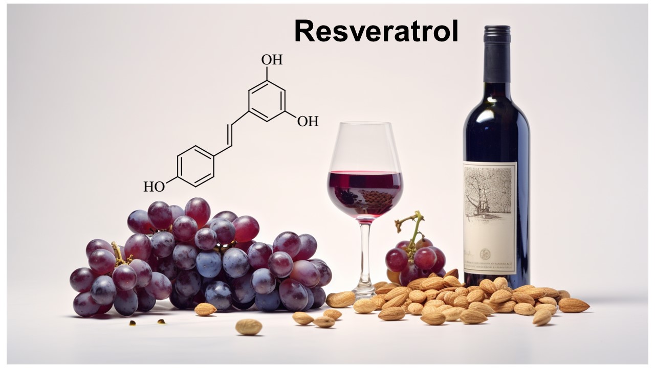 molecular structure of Resveratrol next to grapes, bottle of wine, nuts, and glass off wine on white background