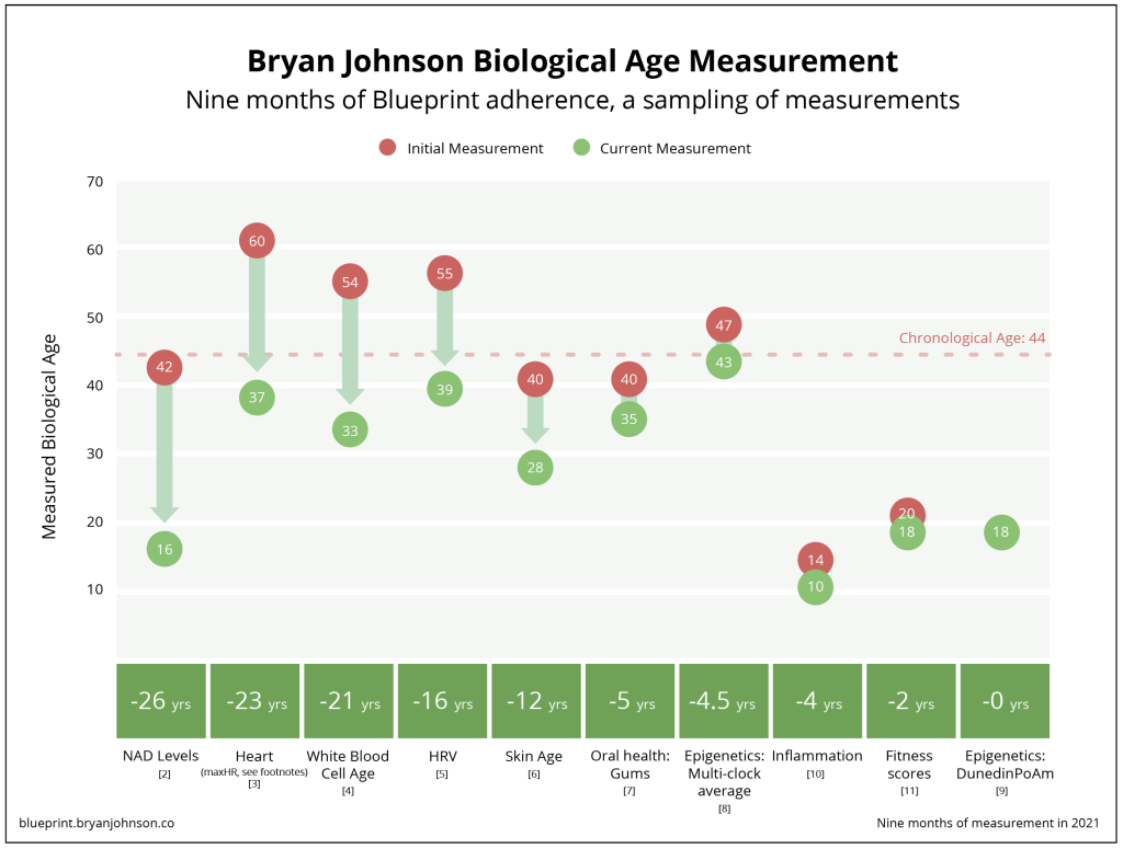 Bryan Johnson's Biological Age Reversal. The visual portrays Bryan Johnson's biological age measurements after 9 months of following his Blueprint routine. At age 44, he managed to reverse his biological age by as much as 26 years (based on NAD levels), bringing it down to that of a 16-year-old.