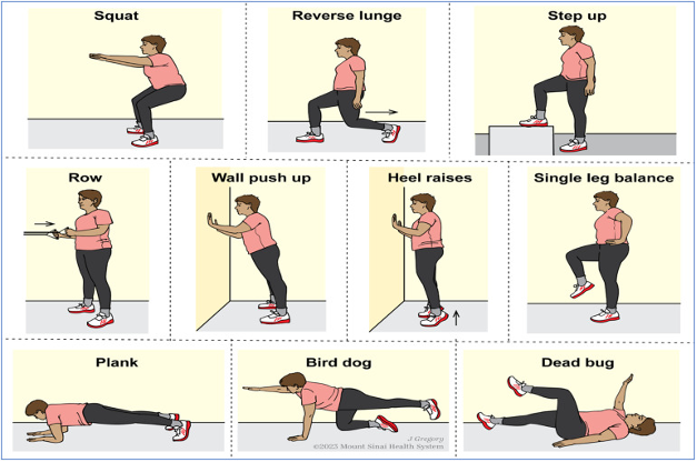 Equipment-Free Resistance Training Exercises. The graphic illustrates a variety of resistance training exercises that can be performed without the need for gym equipment, promoting strength and muscle engagement using body weight and minimal resources.