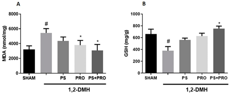 Effects of Probiotics and Pterostilbene on Oxidative Stress and Antioxidant Levels. Panel A depicts changes in colon malondialdehyde (MDA) levels: The carcinogen 1,2-DMH led to a doubling of MDA, which was significantly reduced by probiotics (PRO) and probiotics with pterostilbene (PS+PRO). Panel B illustrates antioxidant glutathione (GSH) levels: 1,2-dimethylhydrazine treatments lowered GSH levels, while probiotics with pterostilbene (PS+PRO) restored GSH levels.