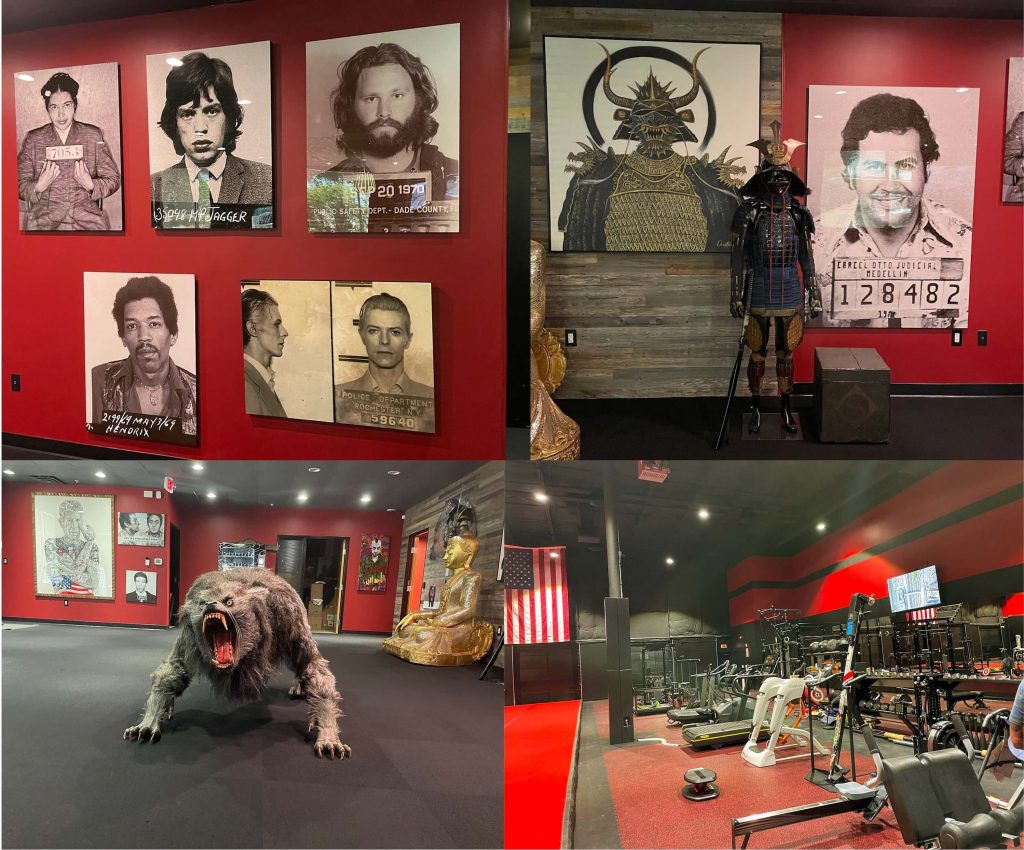  Inside Joe Rogan's Man Cave. Top left: Collage of mugshots featuring Rosa Parks, Mick Jagger, Jim Morrison, Jimi Hendrix, and David Bowie. Top right: Display of Samurai armor and a mugshot of Pablo Escobar. Bottom left: Artwork depicting an American werewolf. Bottom right: Fitness gym area.