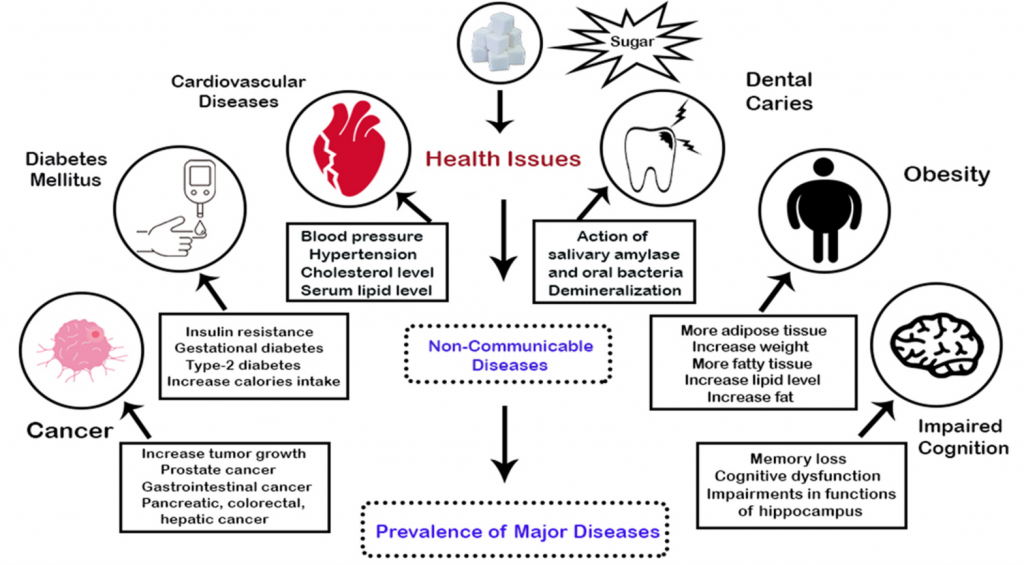 Health Consequences of High Sugar Consumption. The graphic illustrates health problems associated with elevated sugar intake, including cardiovascular disease, diabetes, cancer, dental caries, obesity, and impaired cognitive function.