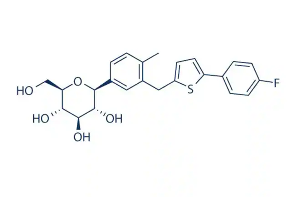 Canagliflozin Chemical Structure. The graphic presents the chemical structure of Canagliflozin, with credit to Fisher Scientific, showcasing the molecular arrangement of the compound.