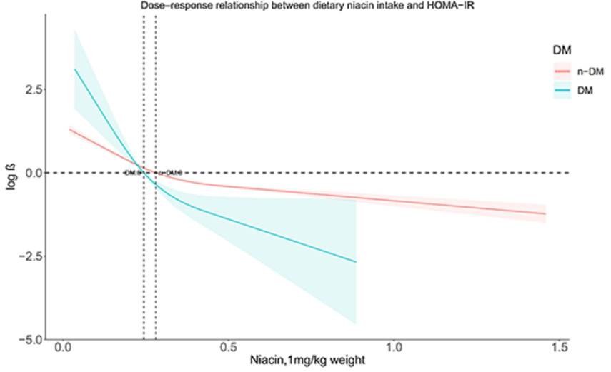 Relationship between dietary niacin intake levels (X-axis) and insulin resistance reduction (Y-axis) in adults over 40, with and without diabetes. A significant decrease in insulin resistance was observed with increasing niacin intake, particularly pronounced in adults without diabetes (red line; n-DM) and enhanced in those with diabetes (green line; DM).