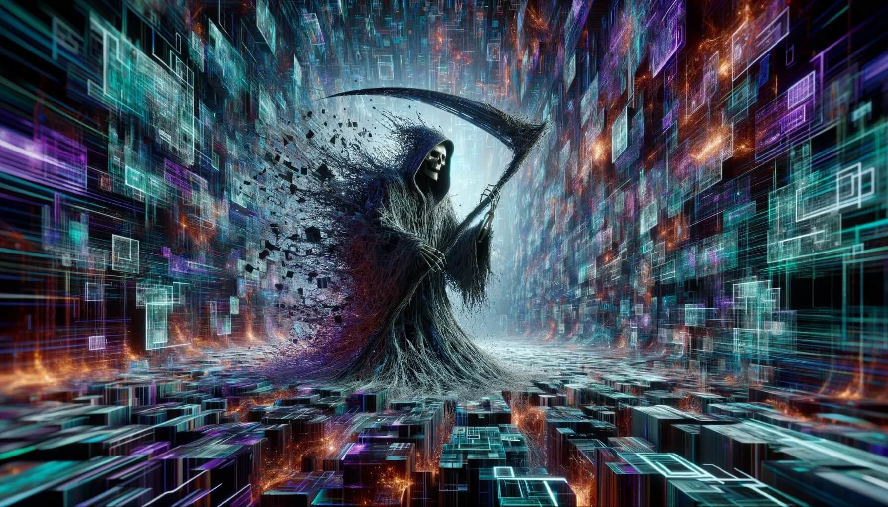 The Grim Reaper being destroyed by abstract representation of AI