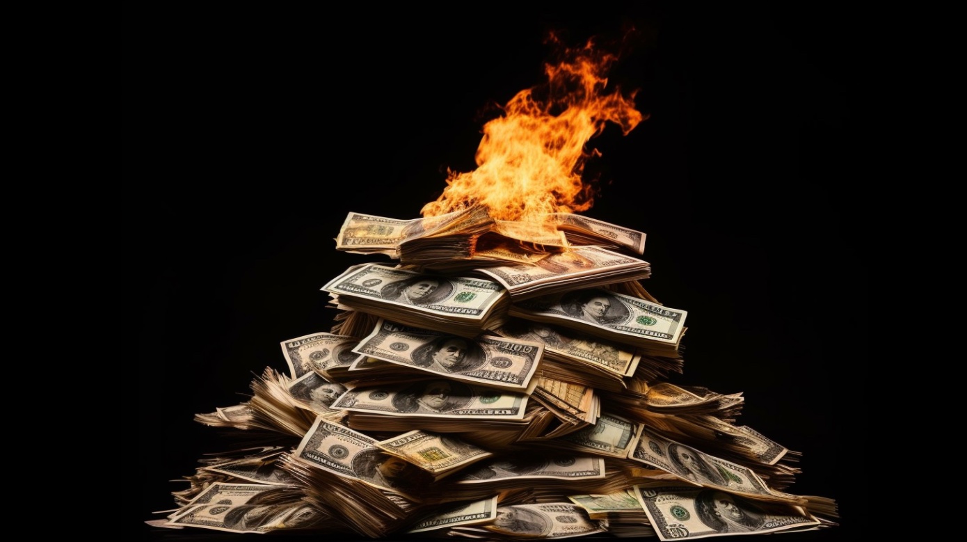 A pile of money on fire.
