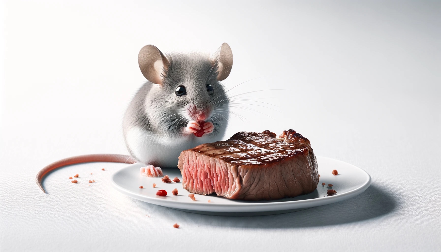 A mouse eating a human-sized piece of steak.