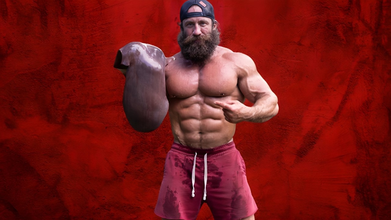 Liver King on red background