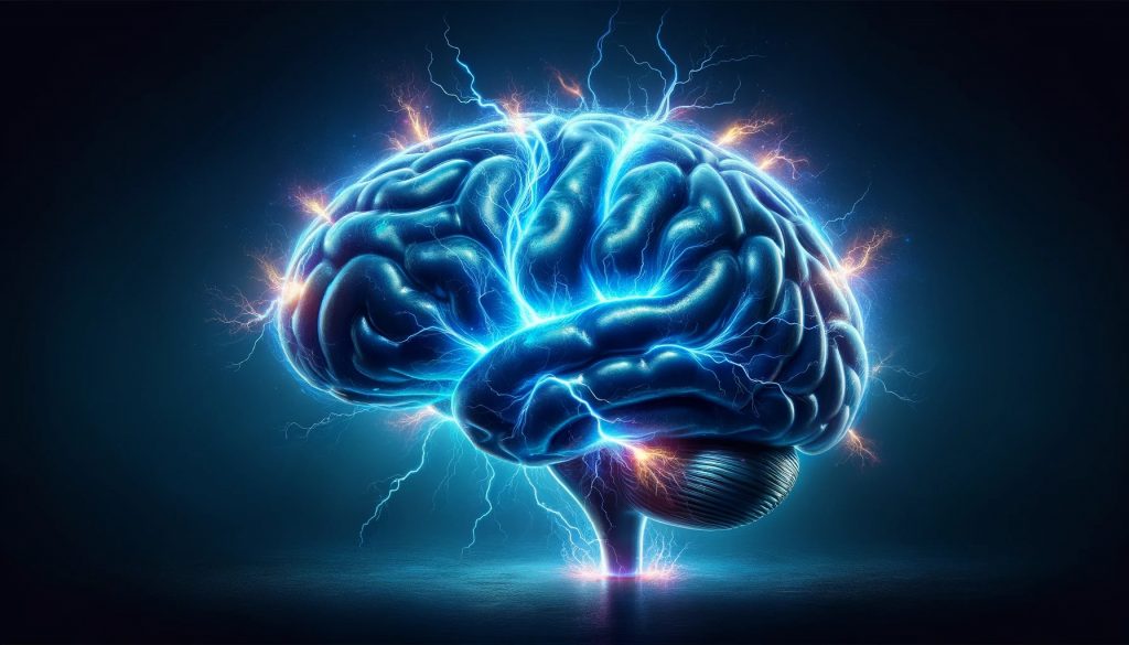 A blue brain emitting blue lightening. 