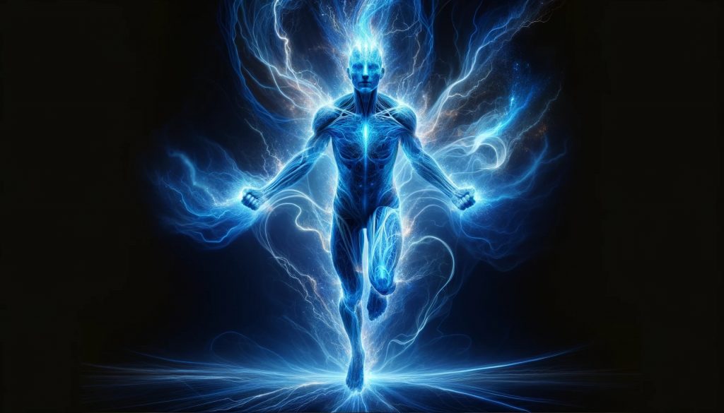 A blue man with blue lightning emitting from his body.