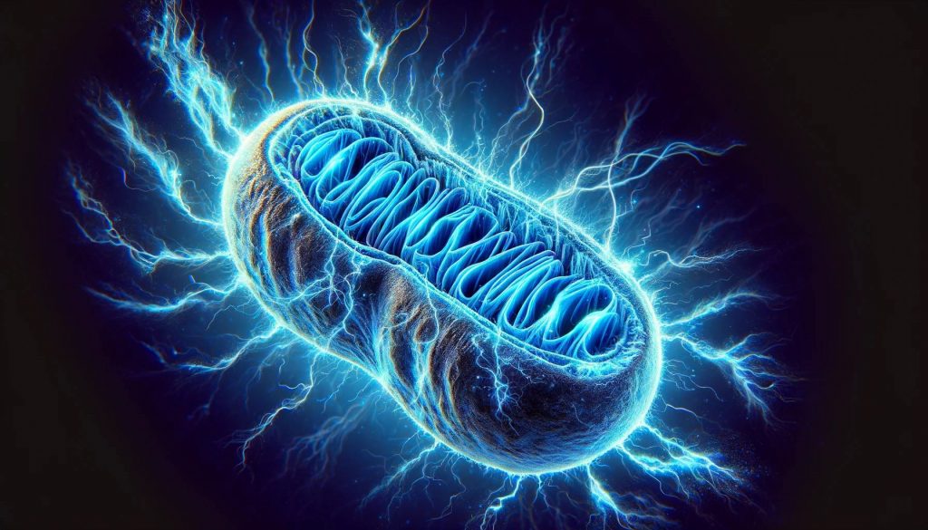 A blue mitochondria emitting blue lightening. 