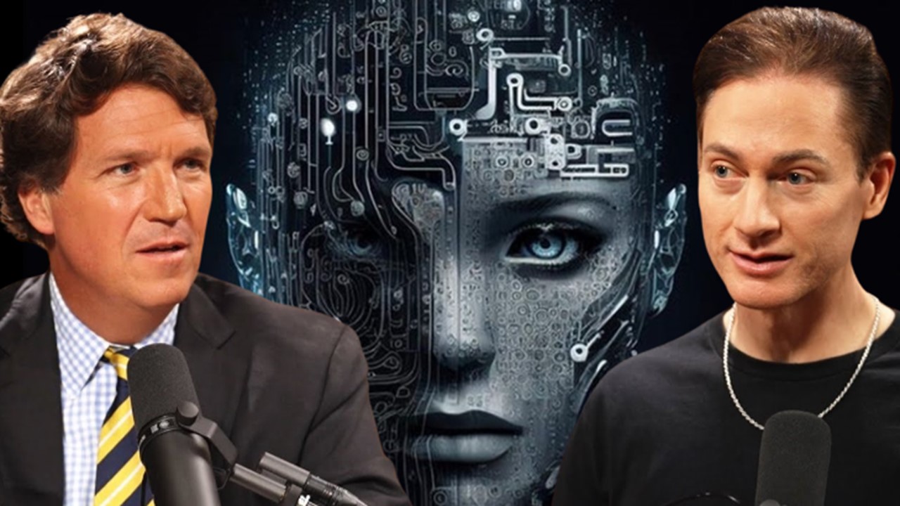 Tucker Carlson and Bryan Johnson on a black background with an AI robot-like head in between them.