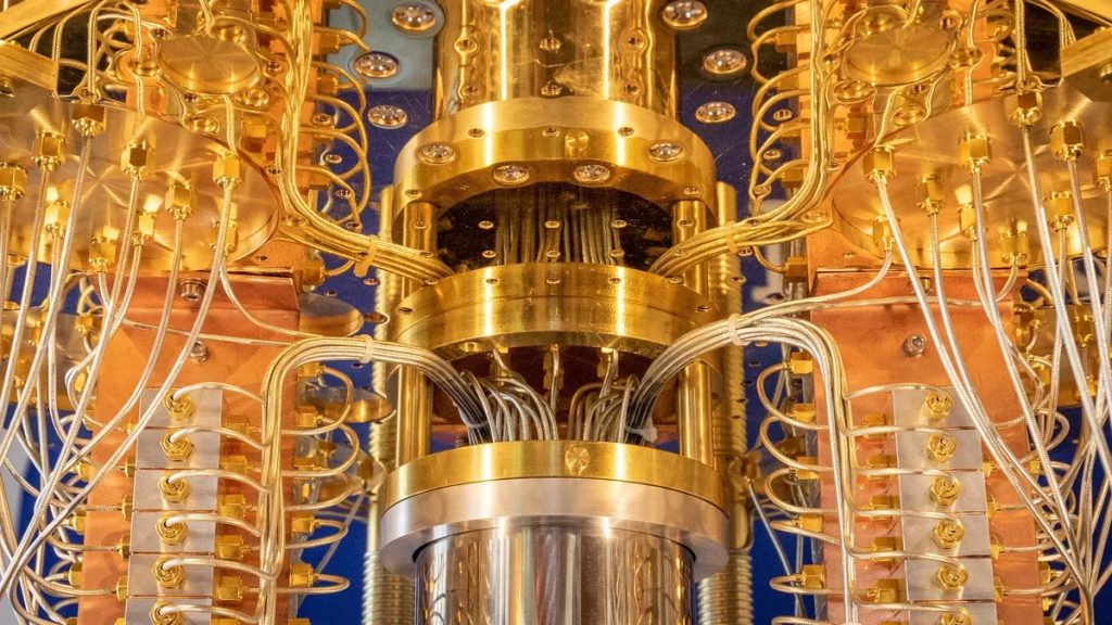 A closeup image of a quantum computer from IBM. 
