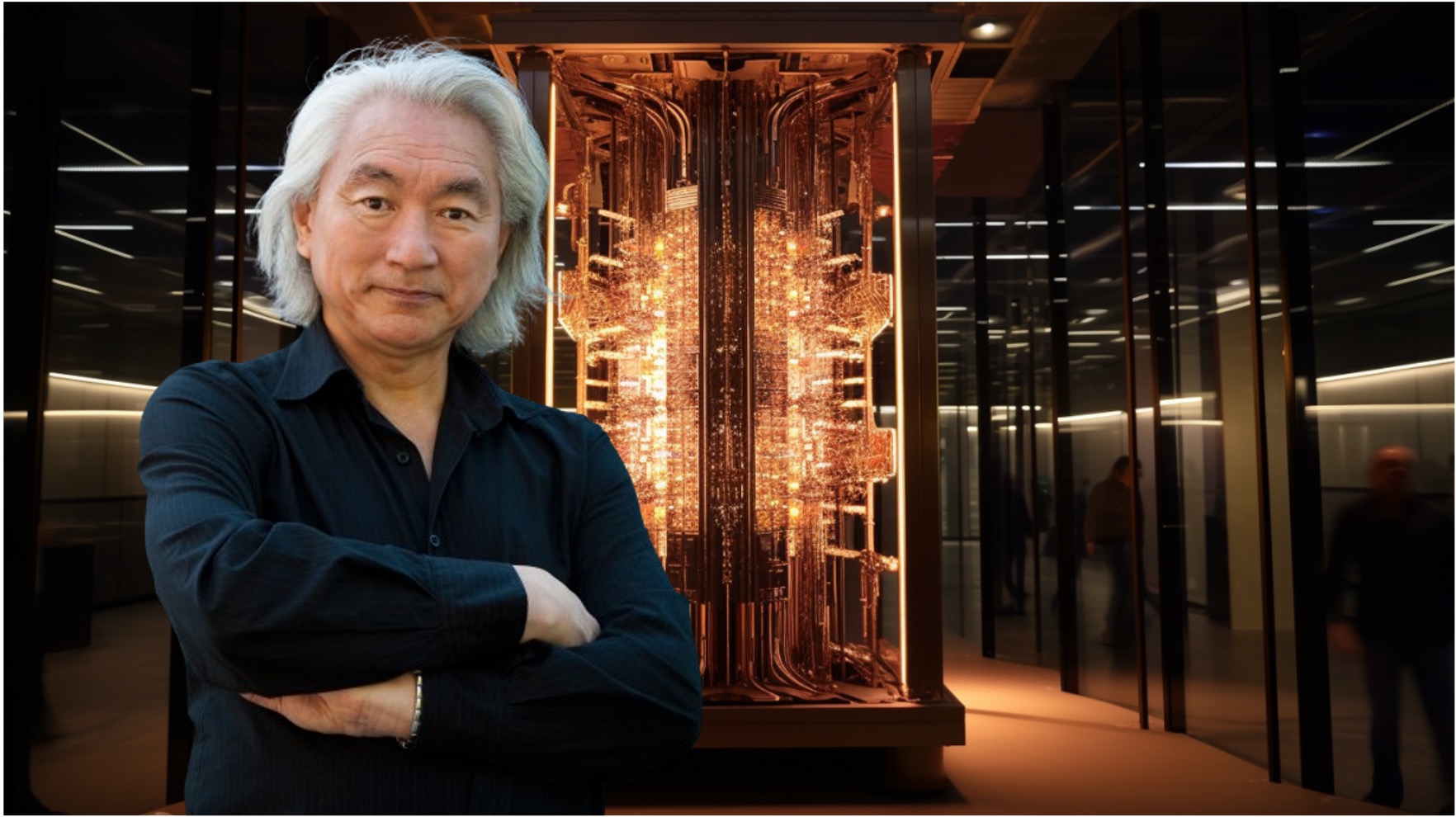Michio Kaku next to a quantum computer.