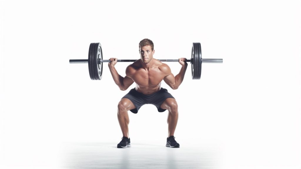 A guy doing a barbell squat. 