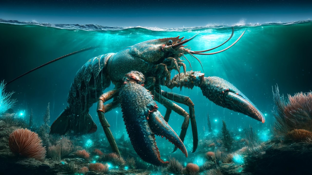 A giant lobster positioned right under the surface of the ocean.