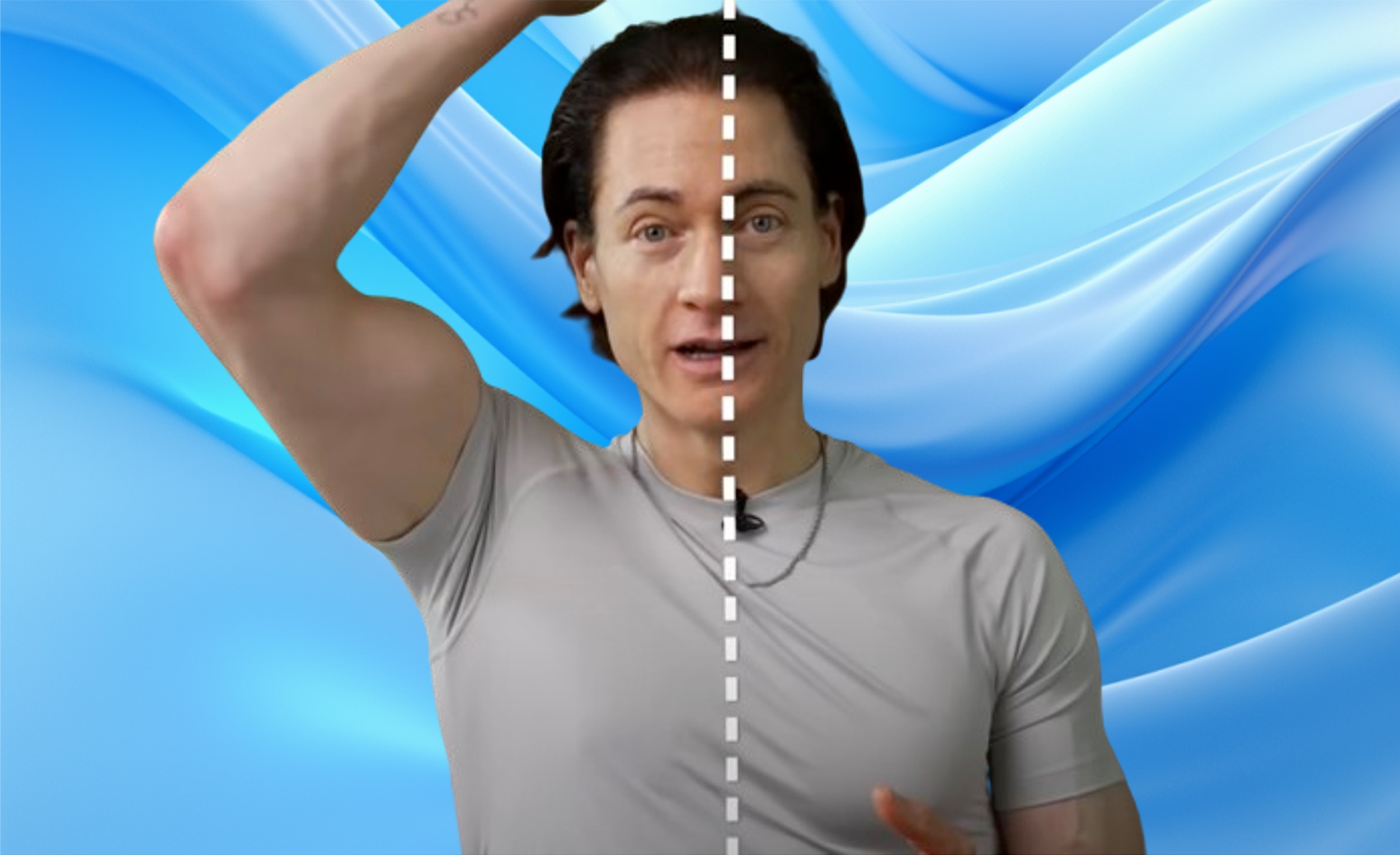 Bryan Johnson pretending to lift himself up with a string.