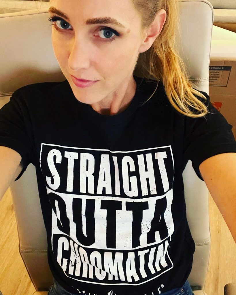 Morgan Levine wearing a “Straight Outta Chromatin” shirt that looks like a "Straight Outta Compton" shirt. 