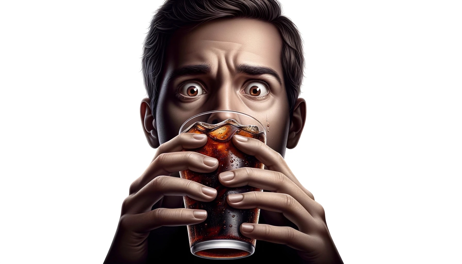 A man fearfully drinking cola.