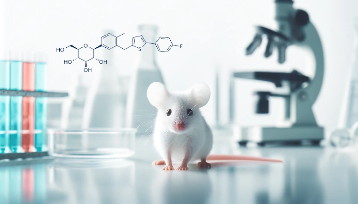 A laboratory mouse alongside the molecular structure of canagliflozin