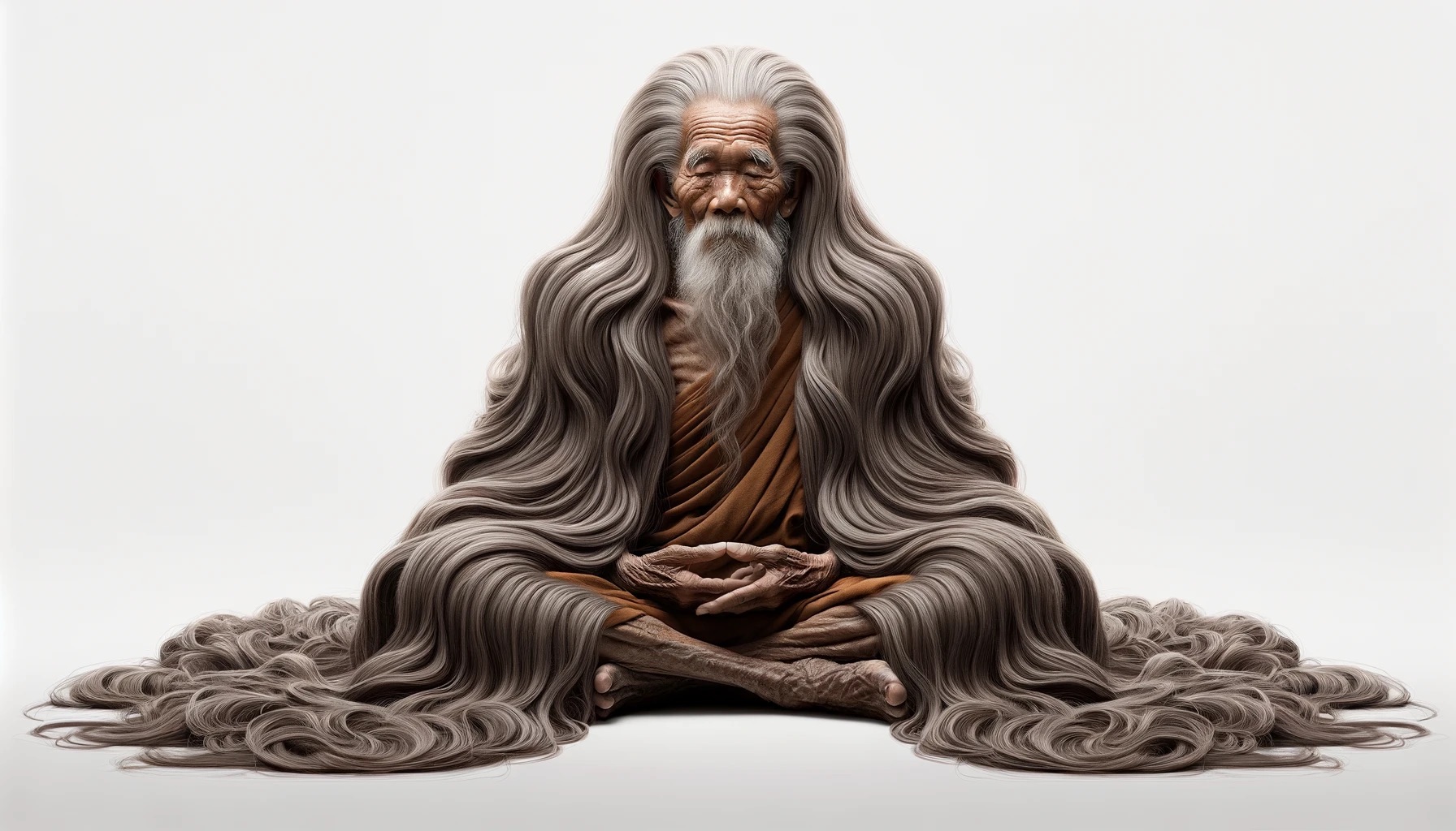 An older monk sits crosslegged on the ground. HIs hair reaches and spreads about the floor.