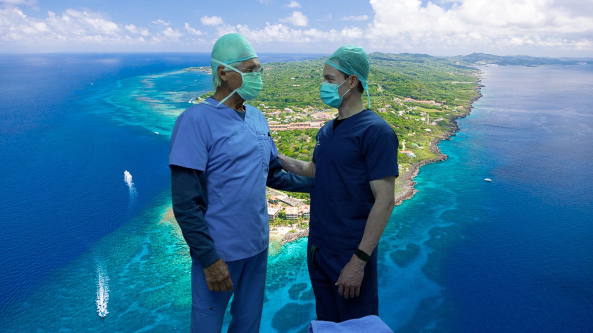 Bryan Johnson in wearing a mask and scrubs next to his doctor. The background is an image of Roatan.