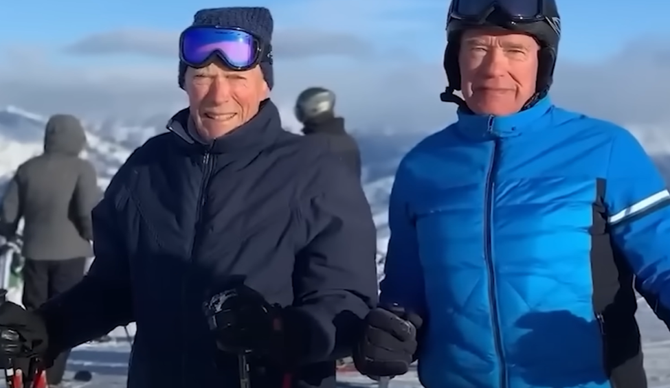 Clint Eastwood skiing with the legendary Arnold Schwarzenegger