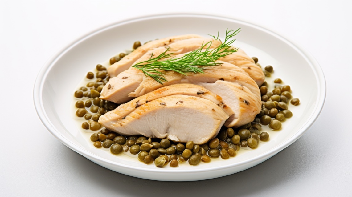 A plate of chicken and green lentils.