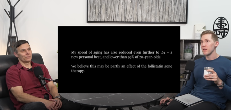 Dr. Matt Kaeberlein (left) discusses Bryan Johnson's pace of aging after receiving follistatin gene therapy with Nick Arapis (right)