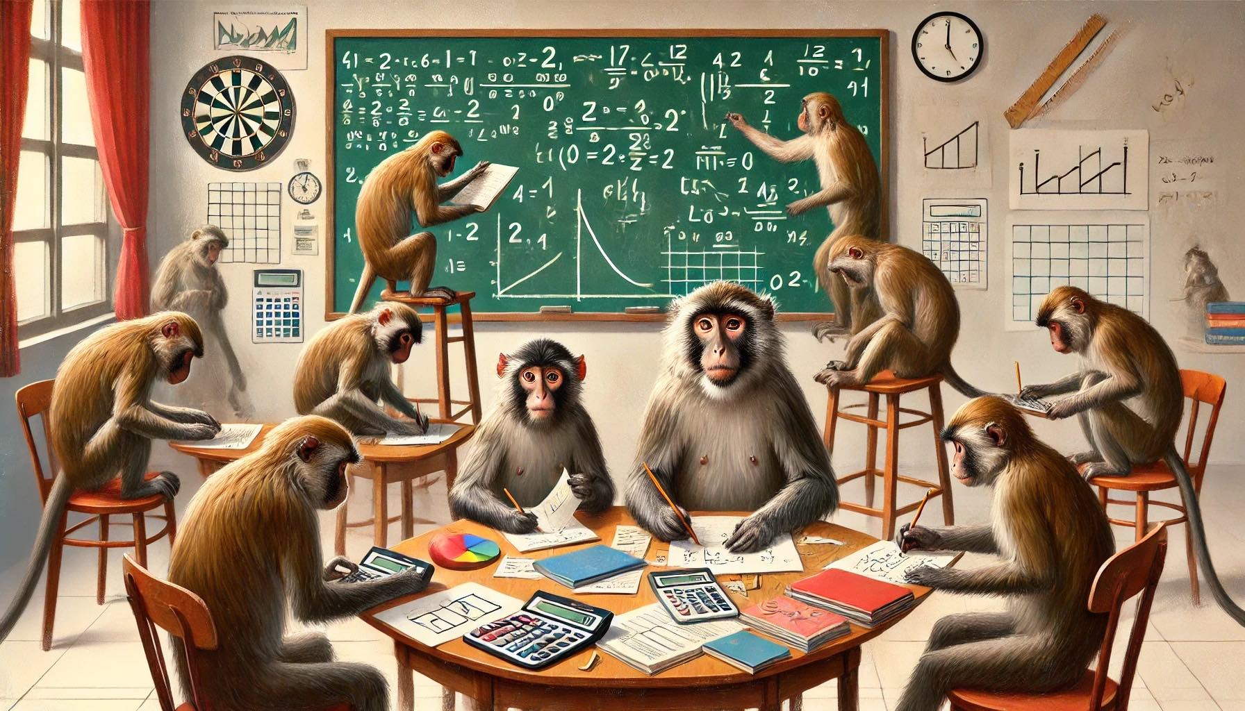 A bunch of monkeys in a classroom doing math on a chalkboard.