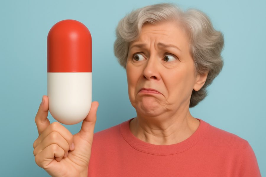 A grandma looking at a giant pill the size of her head