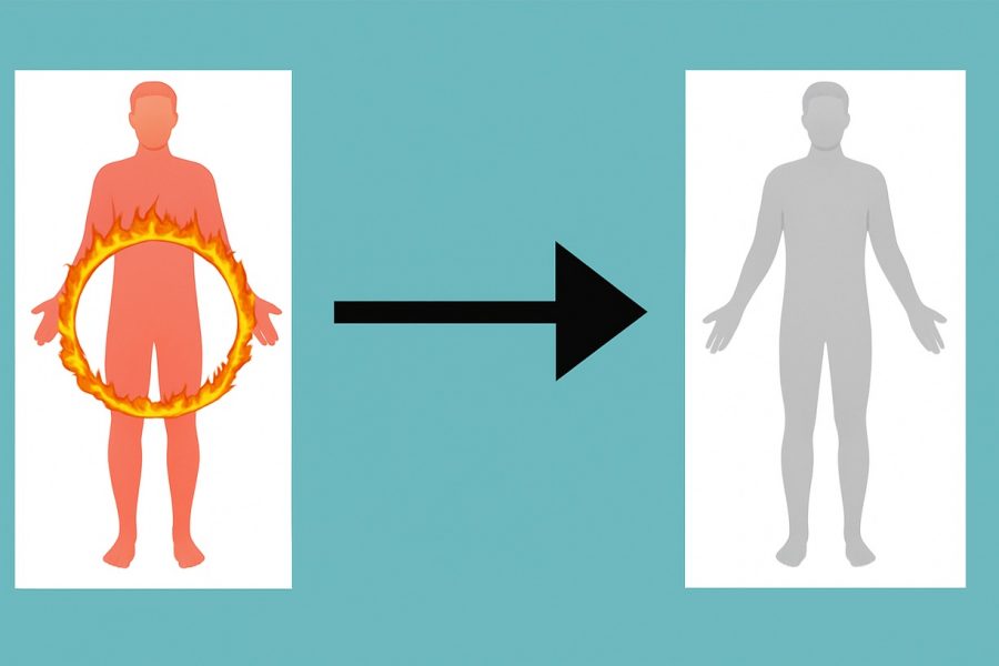 A man with a ring of fire within to represent inflammation. There is also man without this ring of fire, representing healthiness