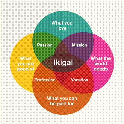 The Venn diagram illustrates the Japanese concept of ikigai, where "what you are good at," "what you love," "what the world needs," and "what you can be paid for" all overlap.