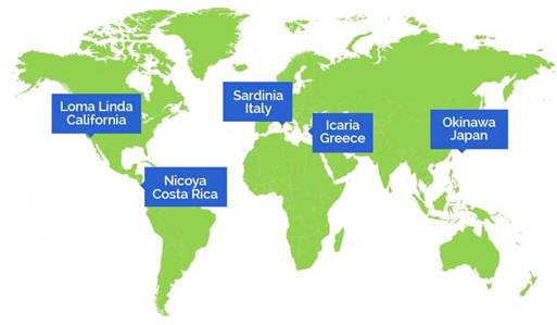 The five Blue Zone regions are Loma Linda, CA; Nicoya, Costa Rica; Sardinia, Italy; Icaria, Greece; and Okinawa, Japan.