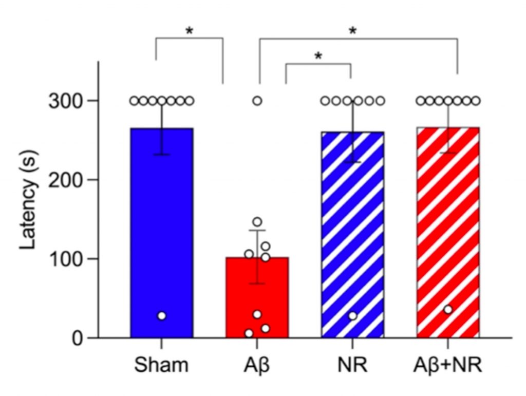 Bar chart showing latency (s) across four groups: Sham, Aβ, NR, and AB+NR. Blue solid, red solid, and blue/red striped bars represent each group; small data points overlay the bars and asterisks denote significance.