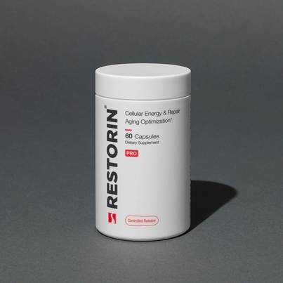 A bottle containing RESTORIN capsules