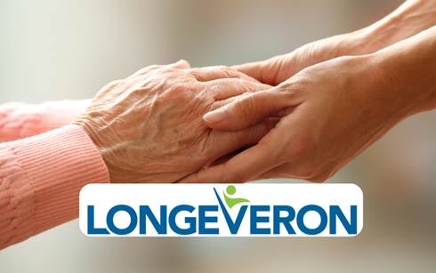 An aged woman holding a young woman's hands with a Longeveron logo