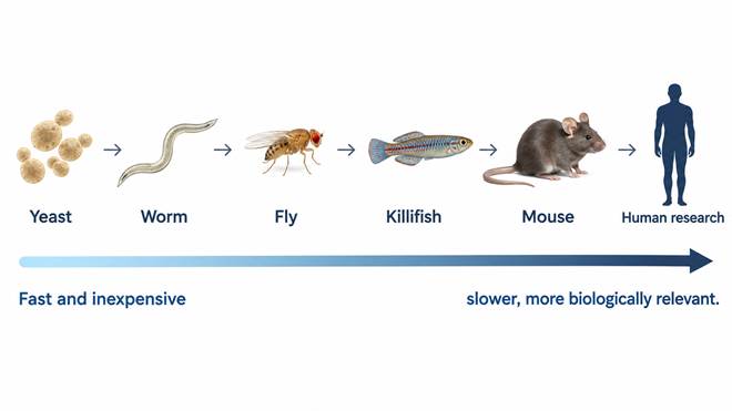 Moving from left to right, animal models are increasingly slower for testing, yet more biologically relevant.
